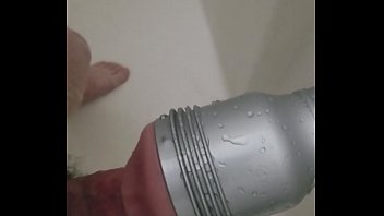 bathroom mounted fleshlite makes fuckpole spew.